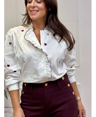 Camisa blanca con bordados, camisa romántica mujer, camisa de corazones