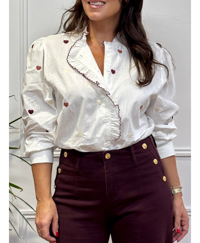 Camisa blanca con bordados, camisa romántica mujer, camisa de corazones