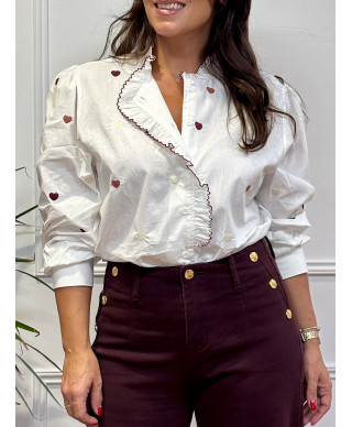 Camisa blanca con bordados, camisa romántica mujer, camisa de corazones