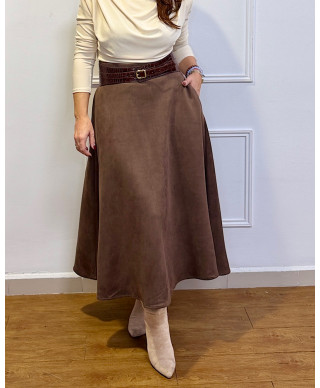 FALDA MIDI EFECTO ANTE MARRON