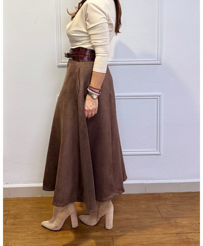 FALDA MIDI EFECTO ANTE MARRON