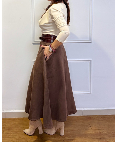 FALDA MIDI EFECTO ANTE MARRON