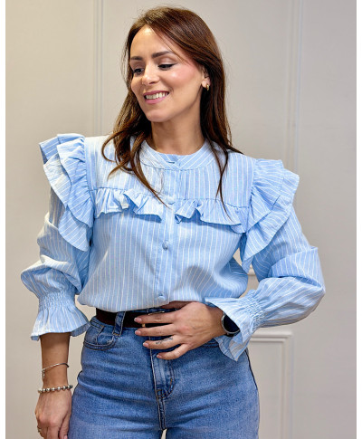 CAMISA CELESTE DE RAYAS CON VOLANTES