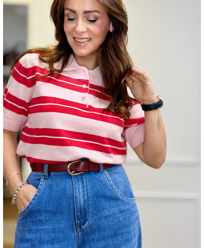 POLO PUNTO ROSA CON RAYAS ROJAS