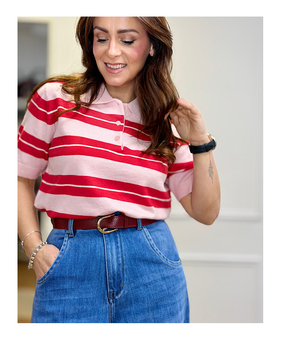 POLO PUNTO ROSA CON RAYAS ROJAS