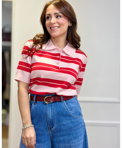 POLO PUNTO ROSA CON RAYAS ROJAS