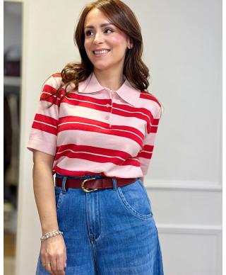 POLO PUNTO ROSA CON RAYAS ROJAS