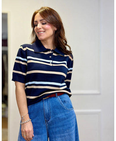 POLO PUNTO AZUL MARINO RAYAS BEIGE