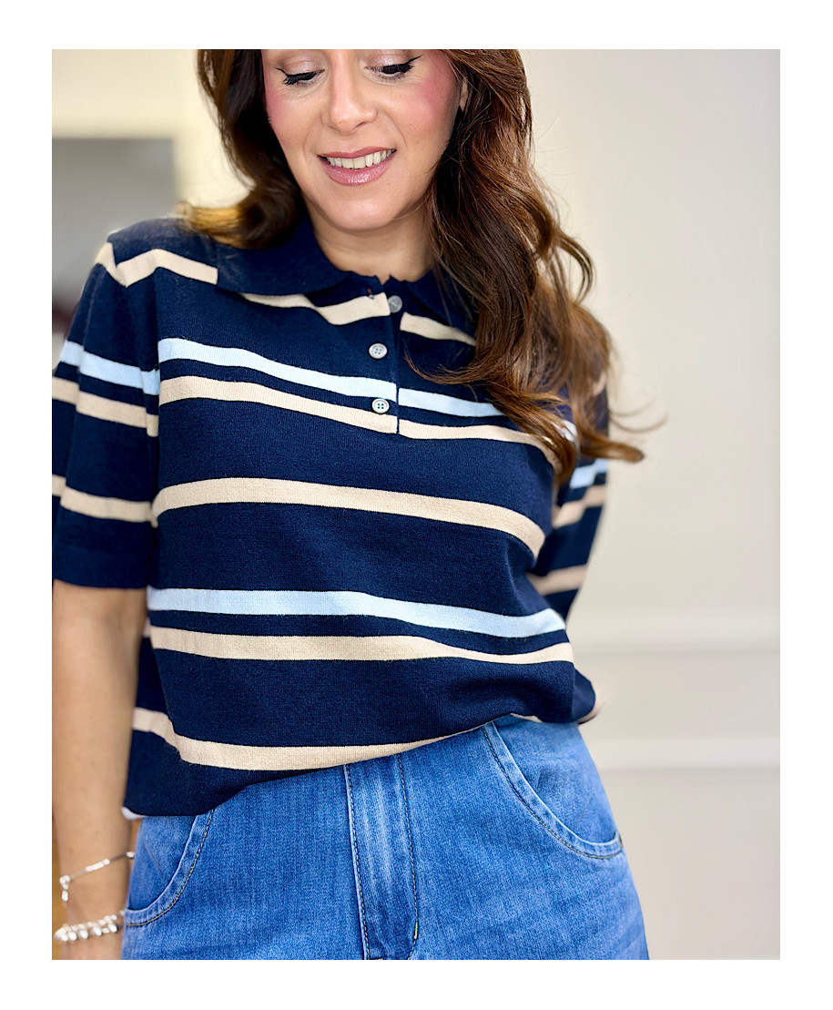 POLO PUNTO AZUL MARINO RAYAS BEIGE