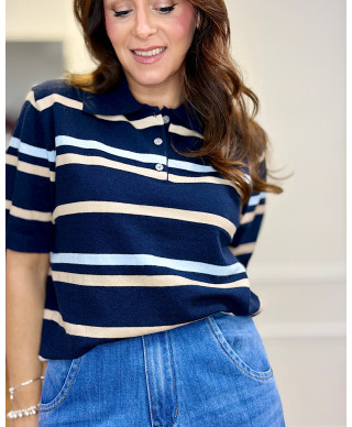 POLO PUNTO AZUL MARINO RAYAS BEIGE