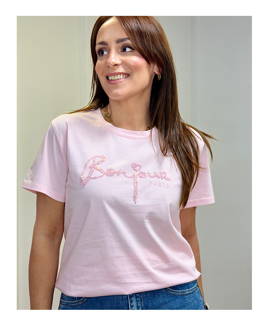 CAMISETA BORDADA “BONJOUR CHIC” ROSA