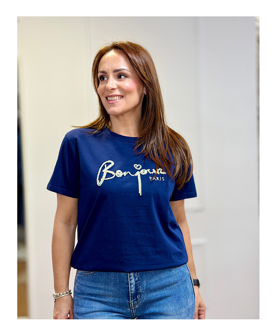 CAMISETA BORDADA “BONJOUR CHIC”MARINO