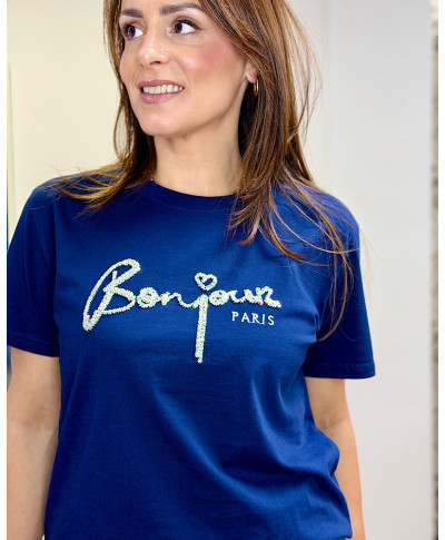 CAMISETA BORDADA “BONJOUR CHIC”MARINO