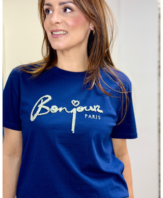 CAMISETA BORDADA “BONJOUR CHIC”MARINO