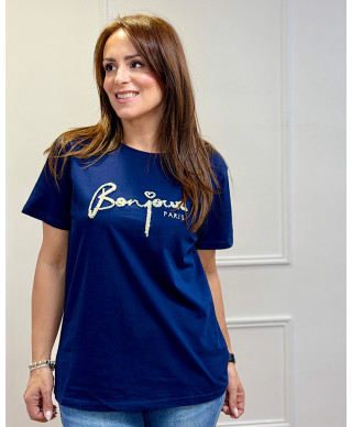 CAMISETA BORDADA “BONJOUR CHIC”MARINO
