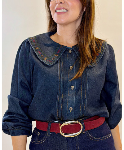 CAMISA MAËLLE · CUELLO BORDADO · DENIM OSCURO
