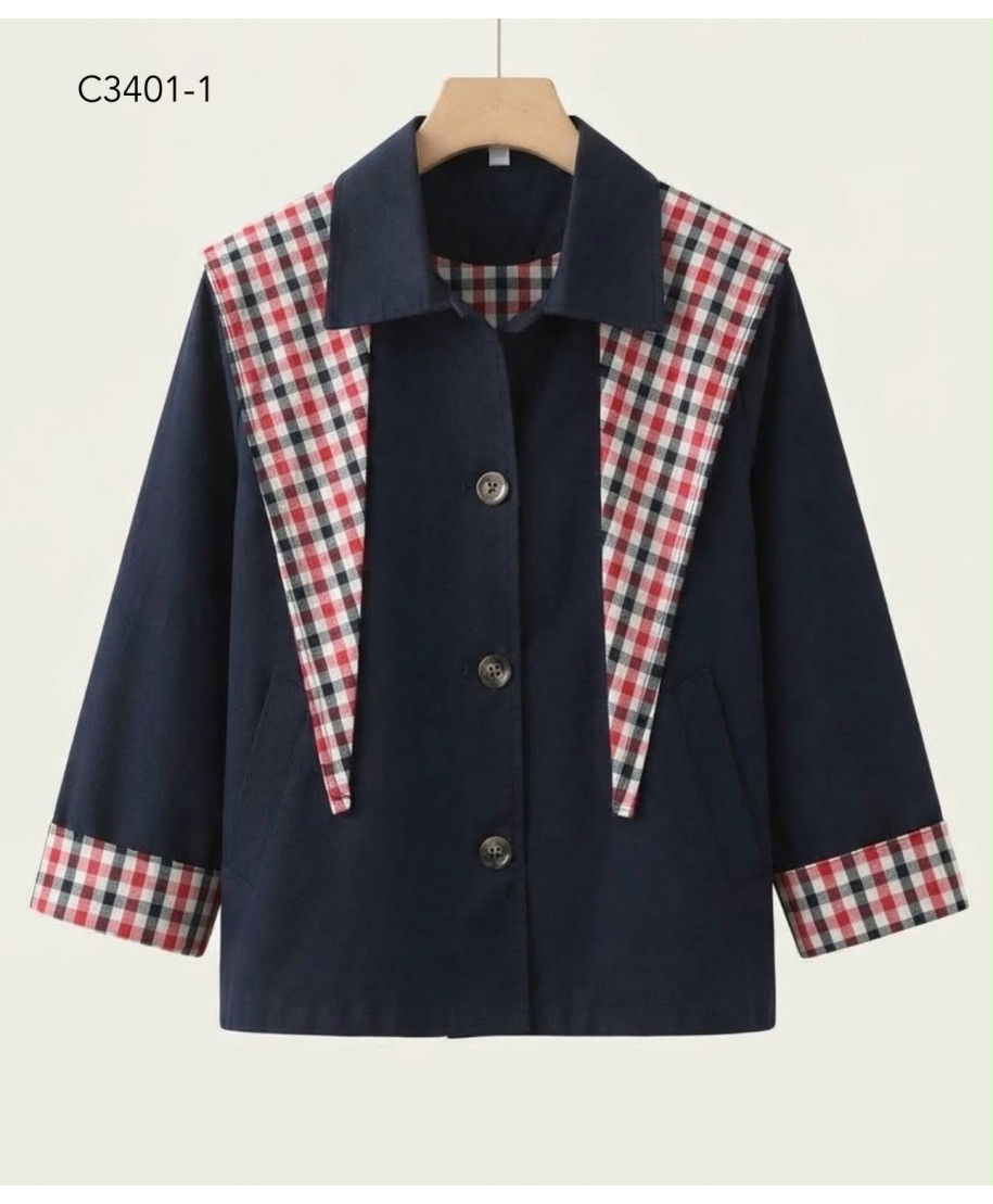 CHAQUETA CANDY · CON DETALLES DE CUADROS ·MARINO